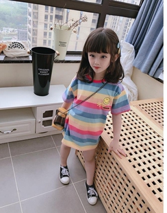 童装裙子夏季新款女童短袖T恤中长款连衣裙儿童时尚彩虹上衣韩版