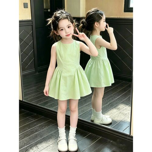 女童连衣裙夏季薄款2026新款小女孩女宝宝公主裙巨好看绿色背心裙