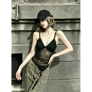 黑色性感蕾丝拼接网纱V领吊带背心女夏外穿美背辣妹纯欲微透上衣