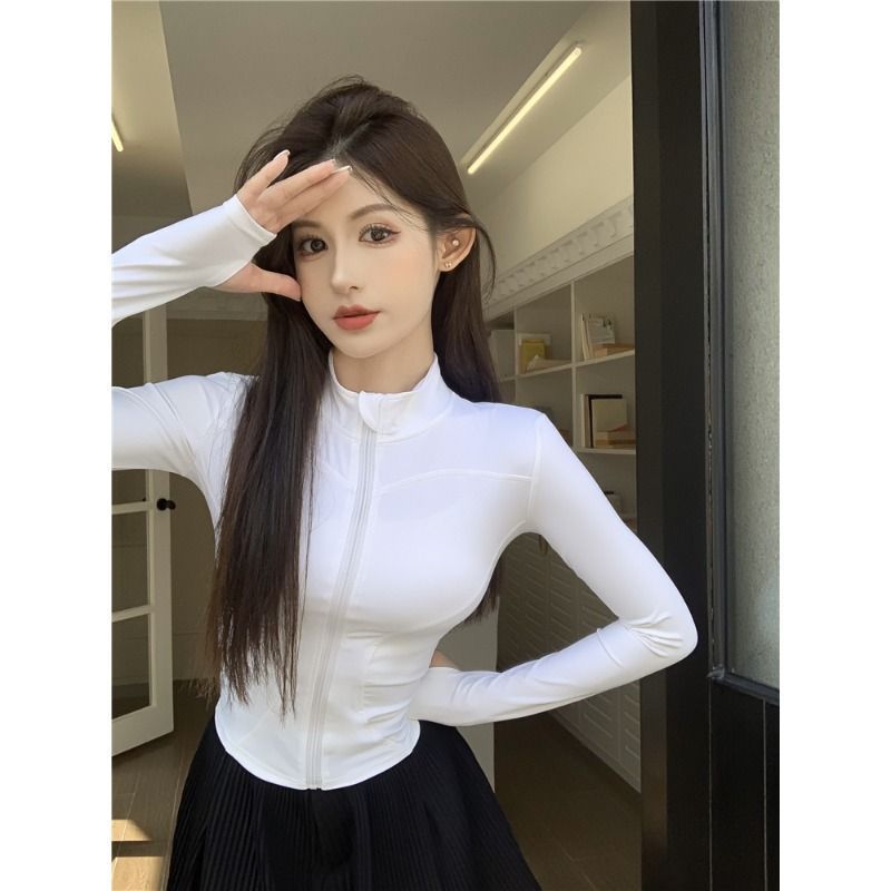 休闲紧身拉链高领外套女秋百搭修身运动开衫白色长袖透气上衣女潮