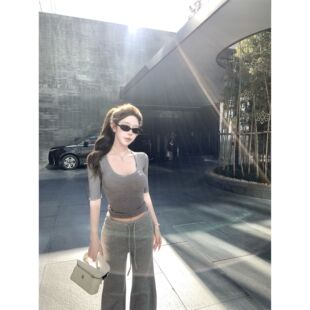 2026女春季【超绝胸腰比】经典百搭大u领五分袖T恤内搭上衣