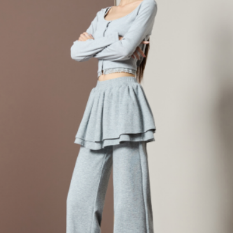 2025女秋季新款黑色假两件微喇叭裤女美式荷叶边遮肉显瘦休闲长裤