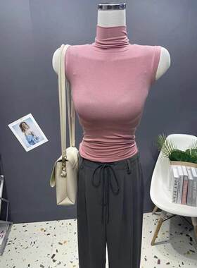 薄款纯色高领无袖背心女紧身性感打底T恤上衣夏新