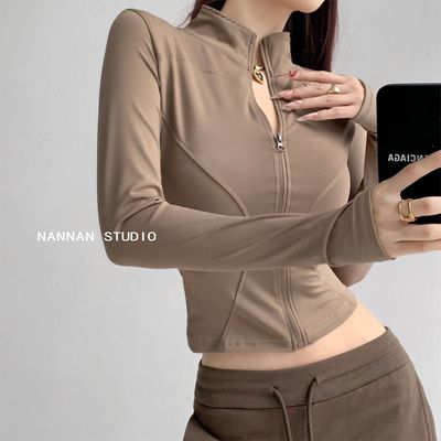 修身长瑜伽服上衣春夏季紧身拼缝收腰健身立领开衫