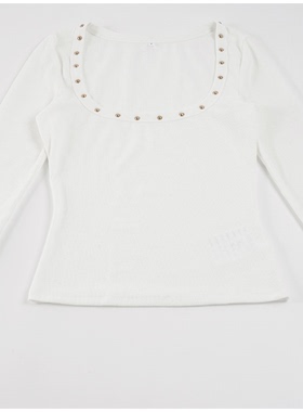 2026女春季【街头辣妹】白色柳钉元素方领长袖T恤内搭修身上衣