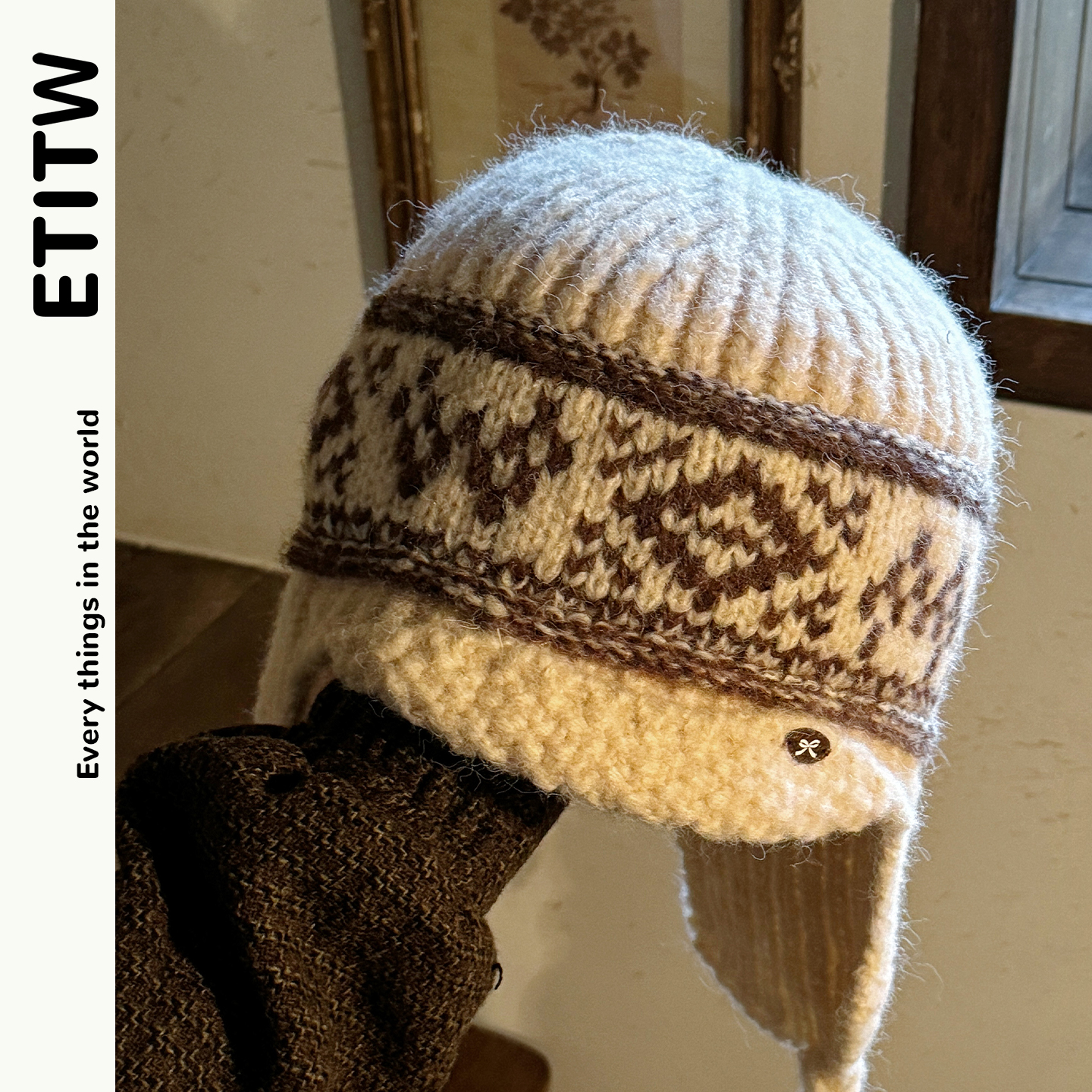 ETITW/复古费尔岛风保暖针织雷锋帽冬季保暖防寒学生上学护耳帽