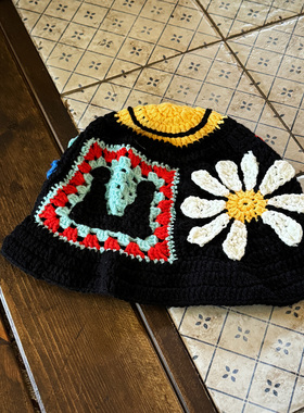 GD同款小雏菊手工钩织渔夫帽女韩版时尚盆帽男百搭大头围毛线帽潮