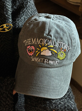 ETITW韩版小怪兽水洗棒球帽女小众卡通刺绣软顶大头围复古鸭舌帽