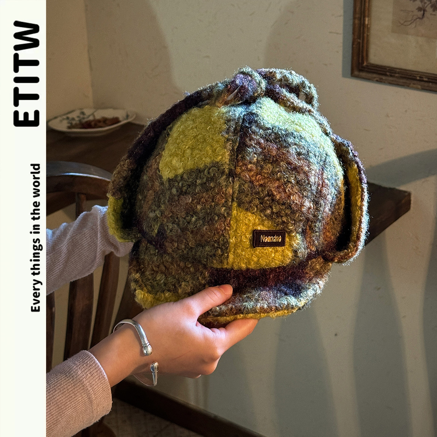 ETITW/韩系潮流格纹拼色系带飞行帽冬季保暖复古摇粒绒护耳雷锋帽,服饰配件/皮带/帽子/围巾,帽子,淘宝优惠券,粉丝福利购,淘宝优惠卷