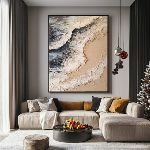 侘寂风手绘立体海浪肌理油画