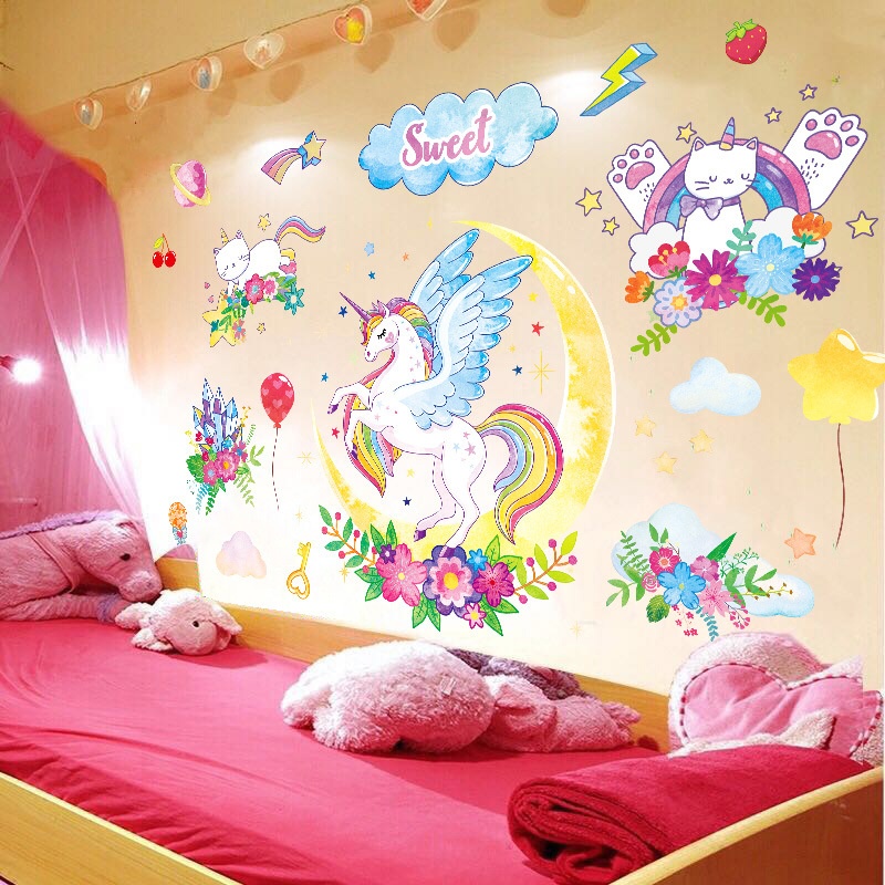 可爱卡通独角兽贴画儿童房墙面天花板装饰女孩房间公主卧室墙贴纸
