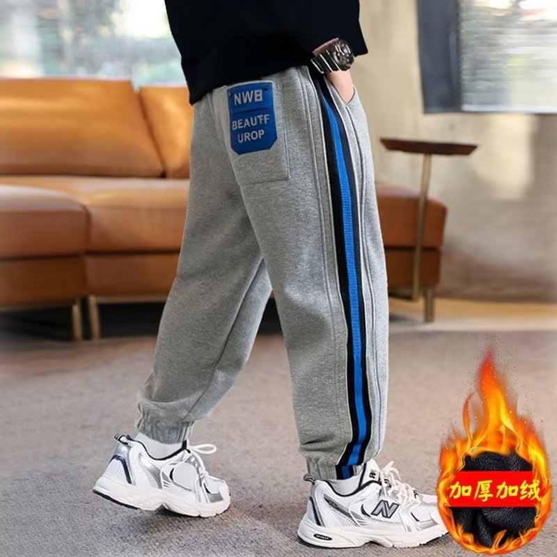 男童冬款加绒加厚裤子2023新款男孩冬季中大儿童一体绒运动卫