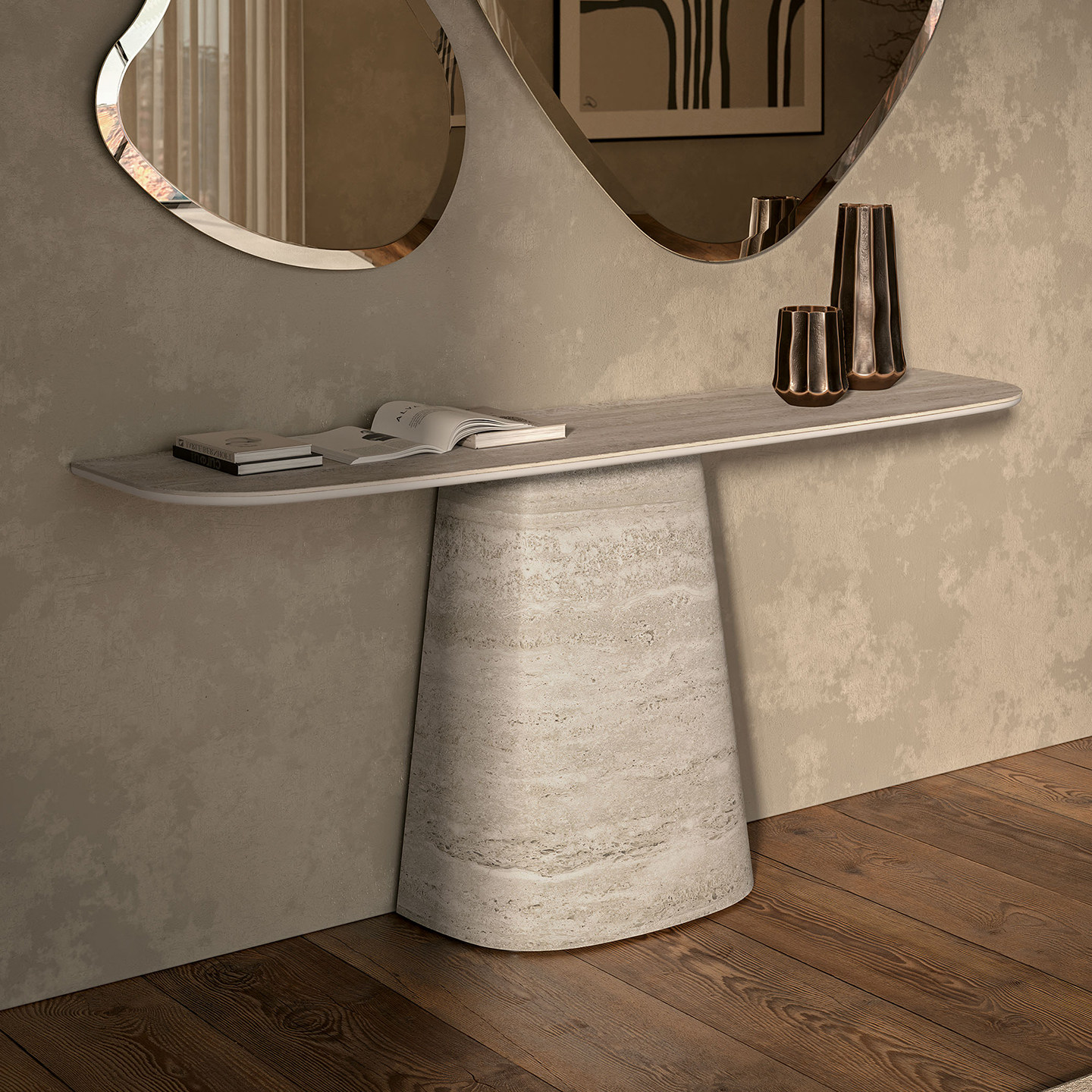 洞石岩板玄关桌设计师客厅走廊过道入户简约高端热弯岩板玄关台