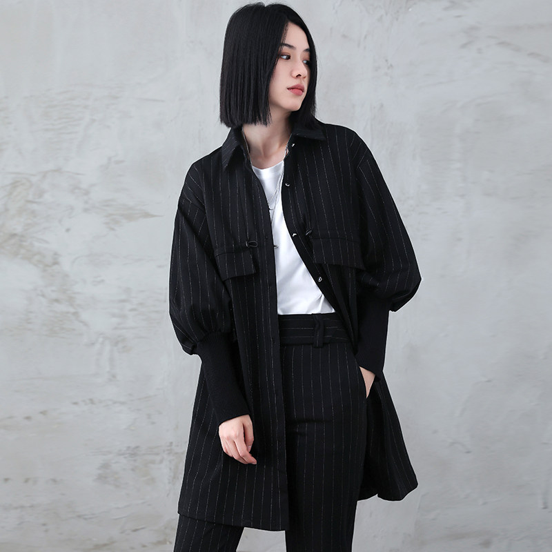 轻商务系列～微米砾女装设计感条纹长衬衫女外套宽松大码休闲风衣