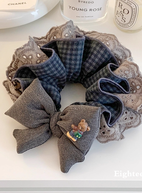 韩系复古灰色格子蝴蝶结蕾丝大肠发圈女超大丸子头低马尾头绳头饰