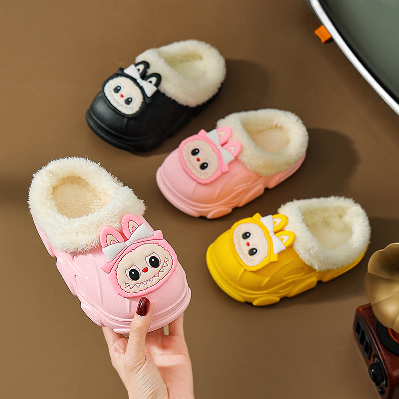 秋冬新款卡通棉拖可拆洗防水防污儿童保暖毛毛拖鞋呆萌男童女童