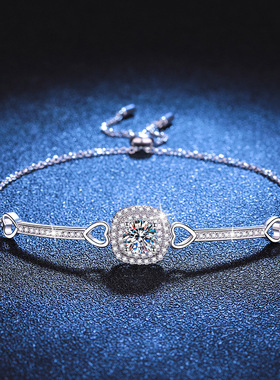 欧美925纯银镀18K金手链女莫桑手镯女豪华方包1克拉莫桑石女手链