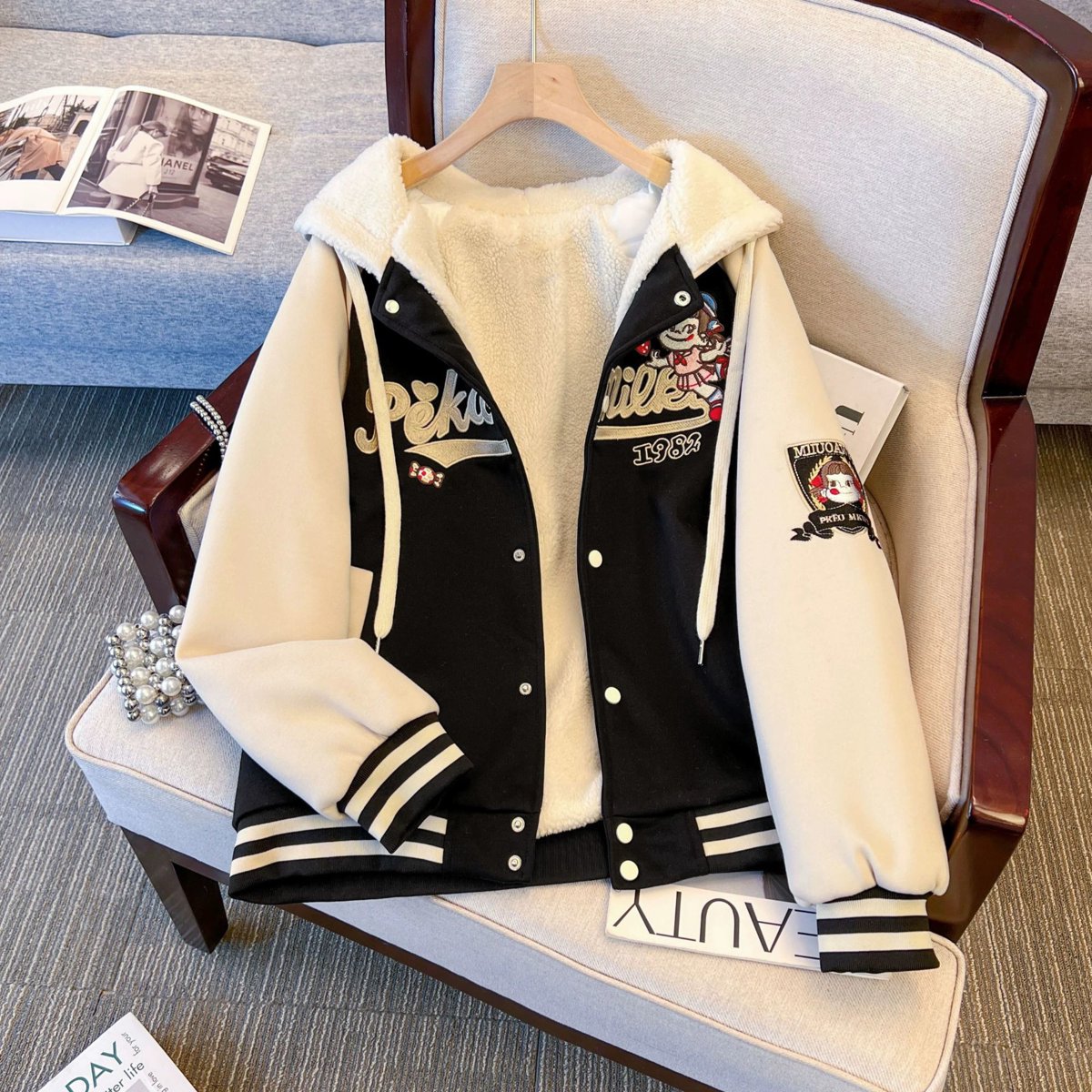 少女甜美刺绣棒球服外套女秋冬加绒加厚棉服宽松休闲百搭连帽棉衣
