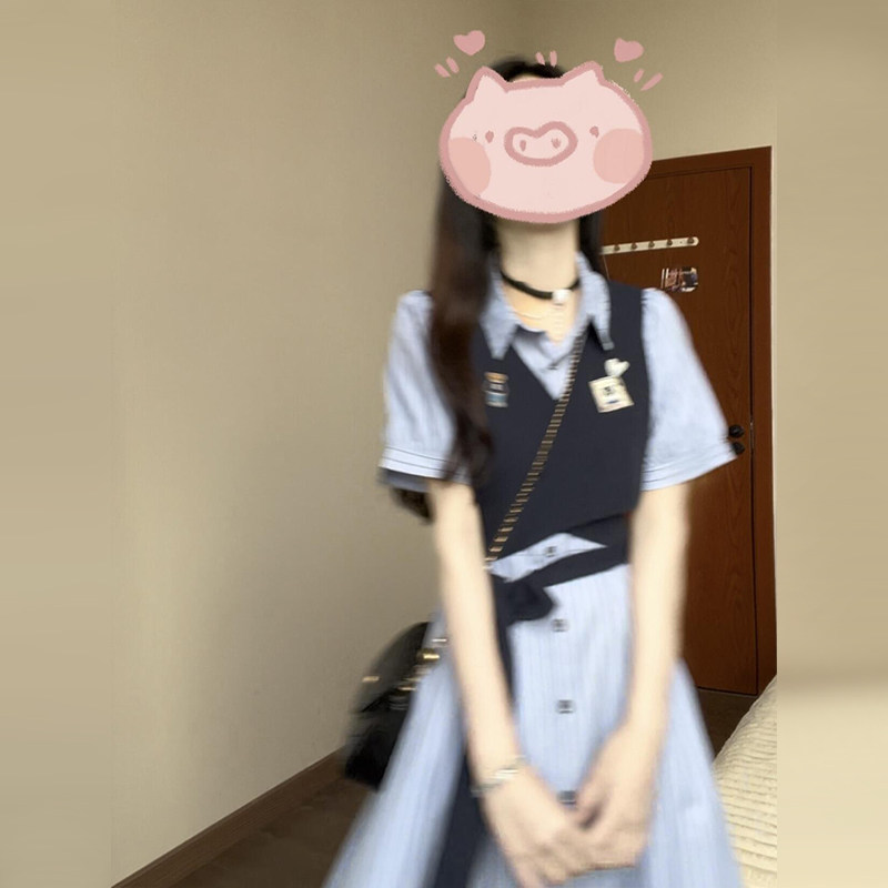 少女夏季新款时尚假两件连衣裙条纹排扣POLO领短袖衬衫学院风长裙