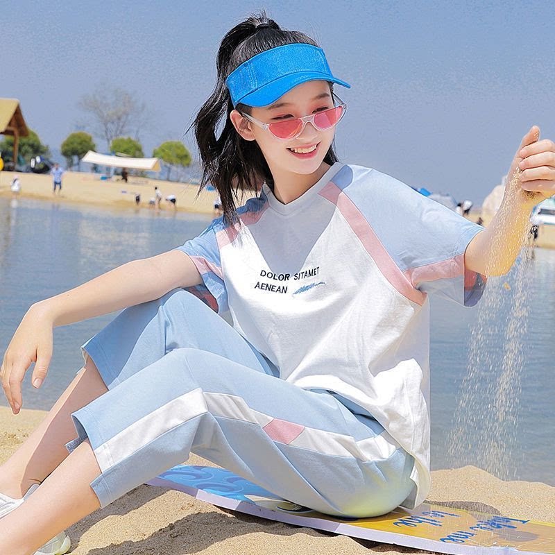 少女夏装套装初中学生韩版宽松短袖T恤大童夏季上衣半袖高中生女