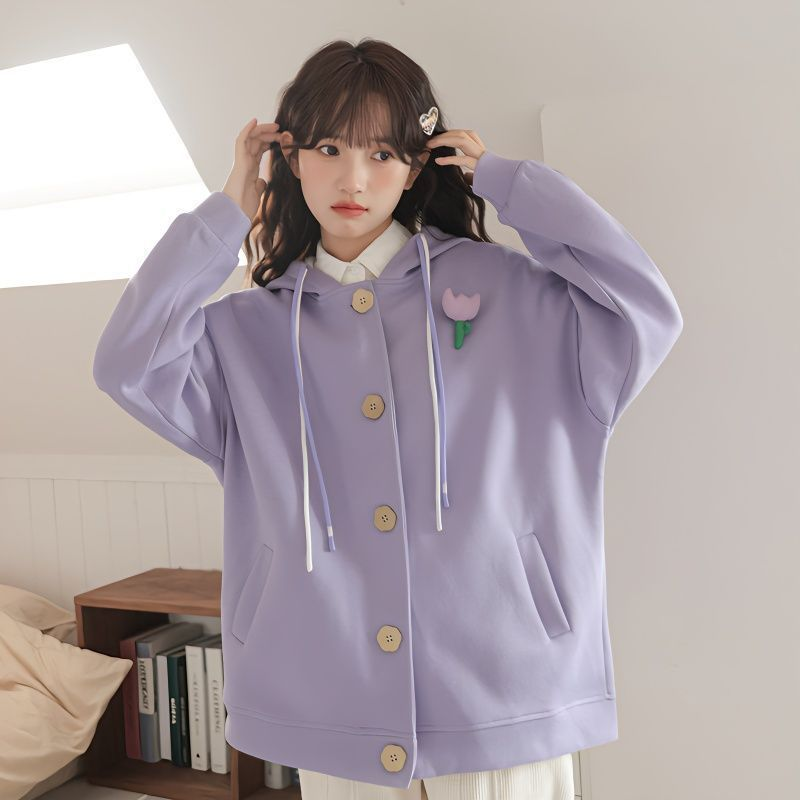 2026年秋季新款紫色宽松加绒连帽卫衣气质文艺森系甜美外套女款