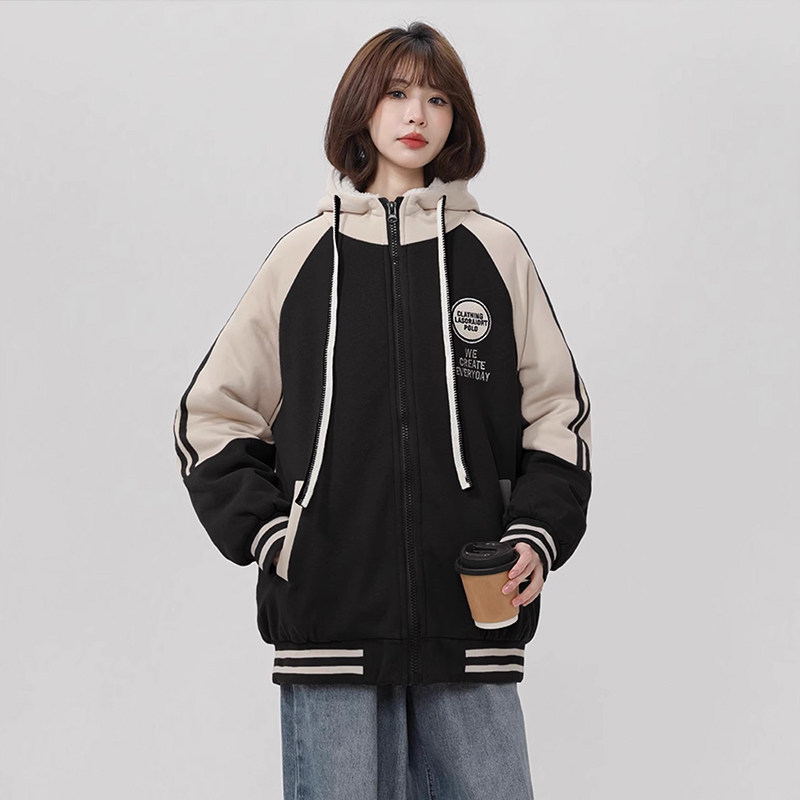 加绒加厚棒球服女冬季棉服初高中学生宽松休闲刺绣连帽卫衣外套潮