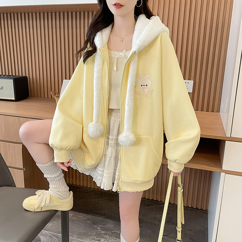 少女春秋季连帽可爱刺绣卫衣女初高中生宽松休闲甜美开衫百搭外套