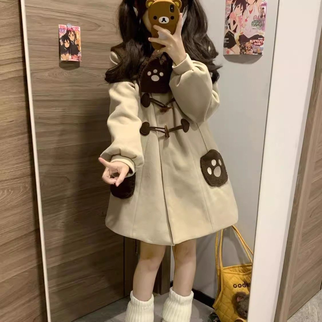 牛角扣大衣女秋冬季新款日系可爱学院风拼接撞色宽松休闲毛呢外套