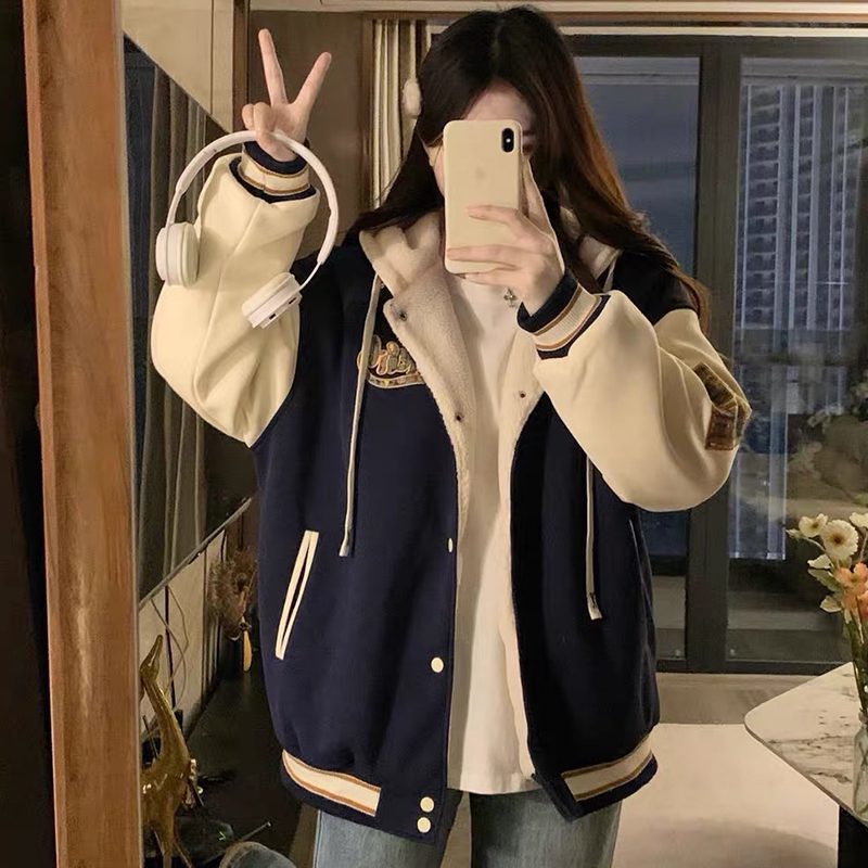 美式连帽棒球服外套女秋冬季2026新款宽松复古休闲加绒加厚棉衣