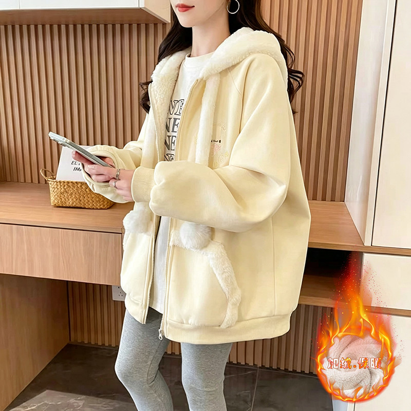 加绒加厚少女甜美可爱学院风连帽外套秋冬季新款宽松休闲百搭棉衣