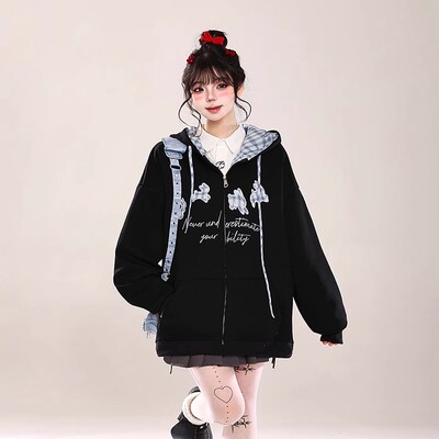 韩系慵懒风刺绣开衫连帽卫衣女秋季新款穿搭超火减龄宽松休闲外套