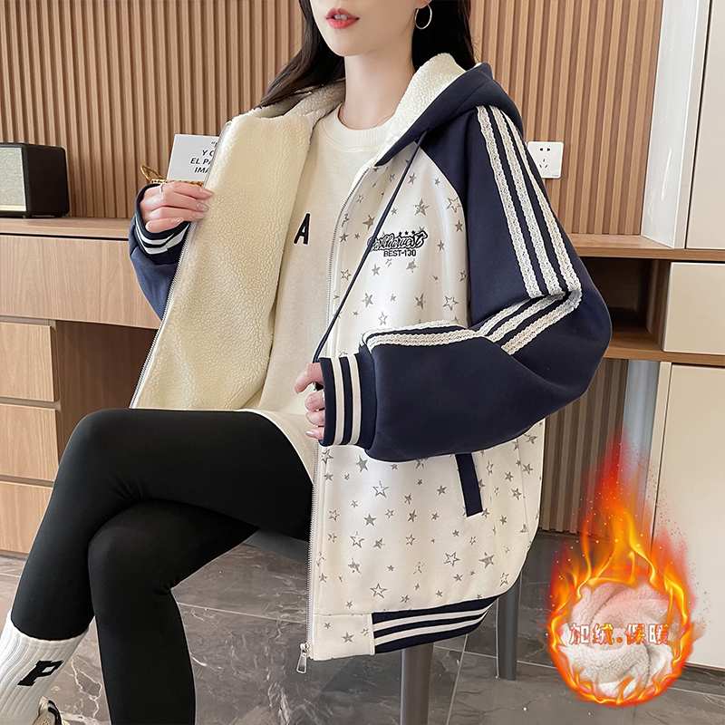 加绒加厚学院风拼色条纹星星棒球服外套秋冬新款学生百搭连帽棉衣