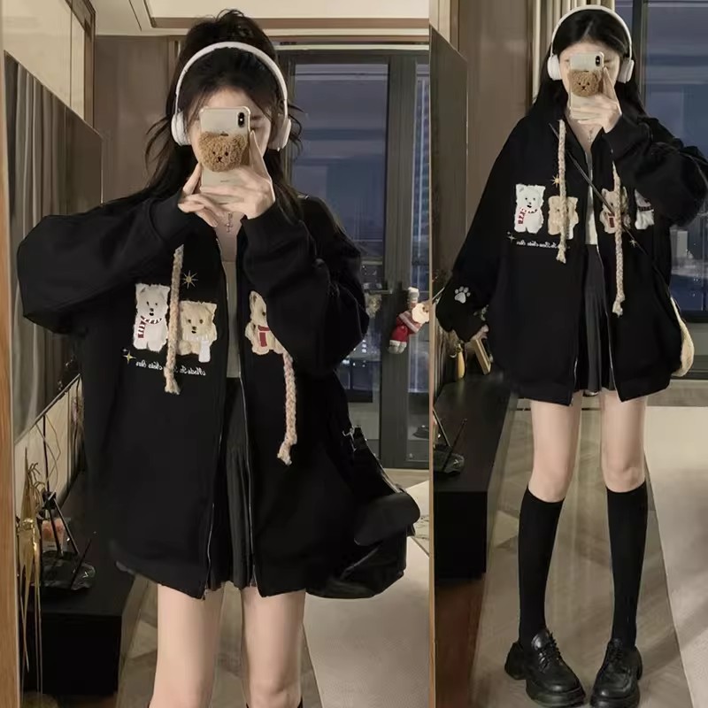 美式复古卡通刺绣连帽开衫卫衣女新款春秋时尚宽松学院风休闲外套