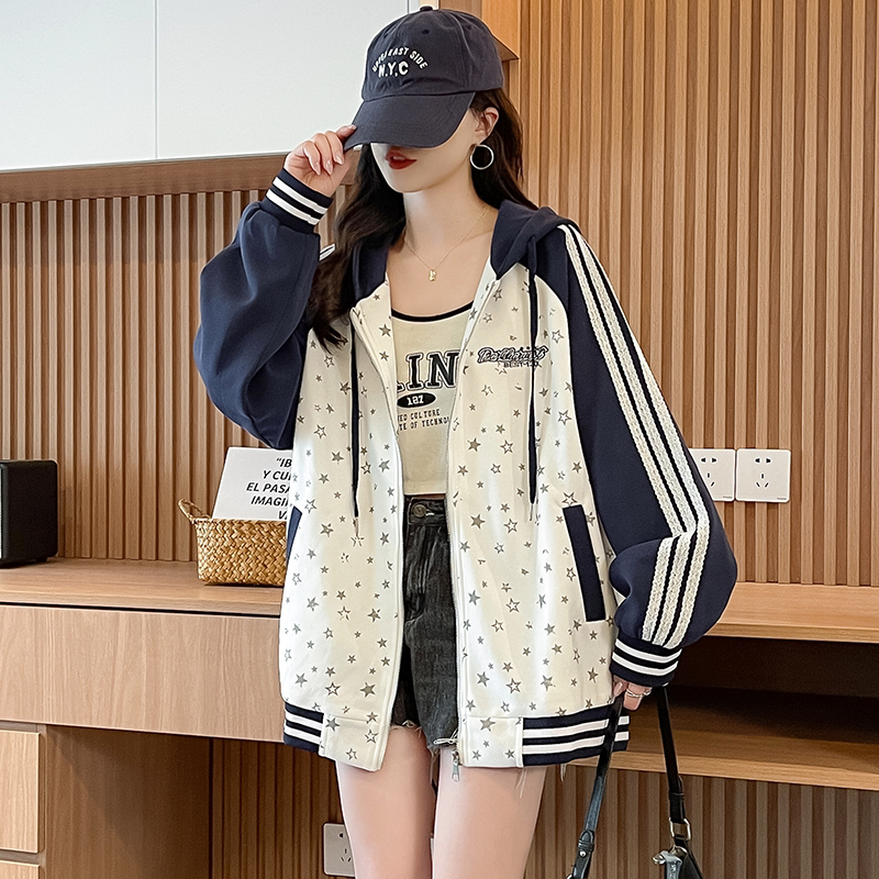 少女洋气撞色连帽棒球服外套女春秋季宽松休闲初高中学生开衫上衣