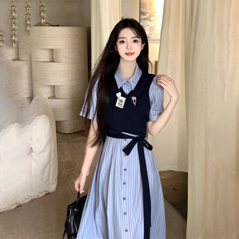 少女时尚假两件学院风连衣裙夏季新款衬衫裙初中学生设计感长裙子