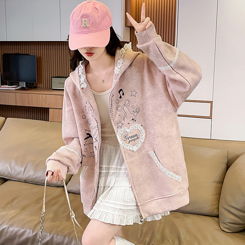 学院风蕾丝爱心蝴蝶结兔耳连帽卫衣女春秋季宽松显瘦开衫休闲外套