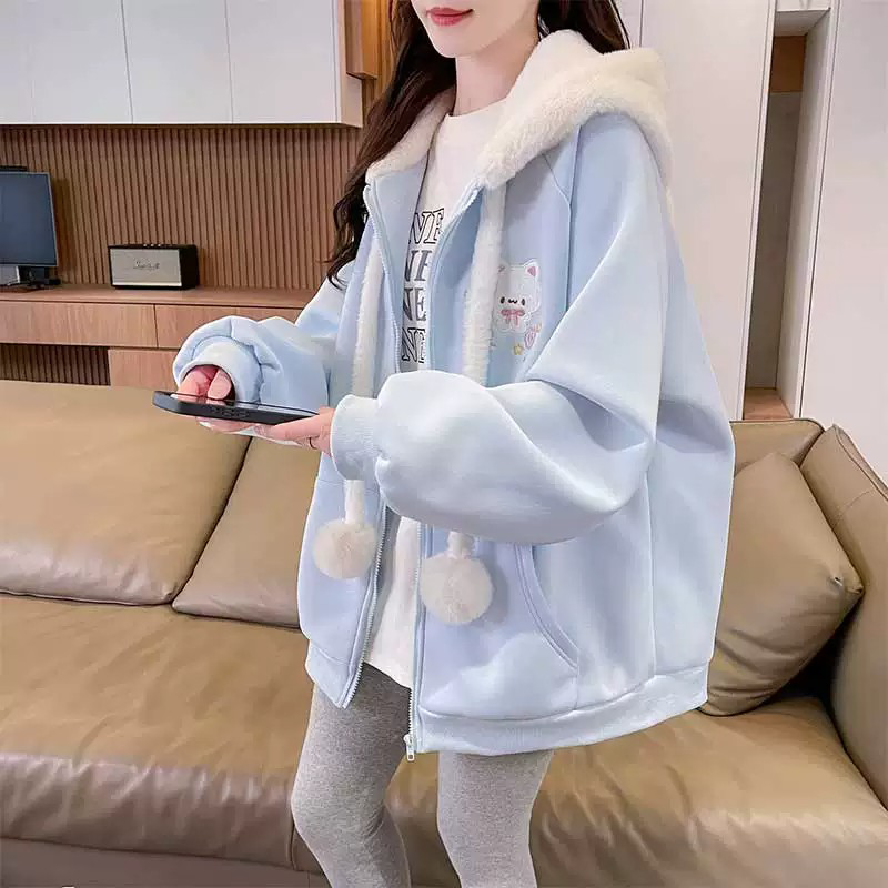 少女春秋季连帽刺绣外套女初中高中学生宽松洋气甜美开衫百搭上衣