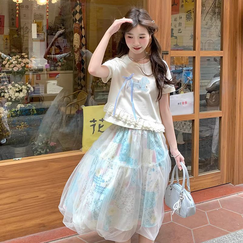 少女甜美童趣印花套装小狗贴布绣短袖T恤女夏网纱花苞半身裙套装