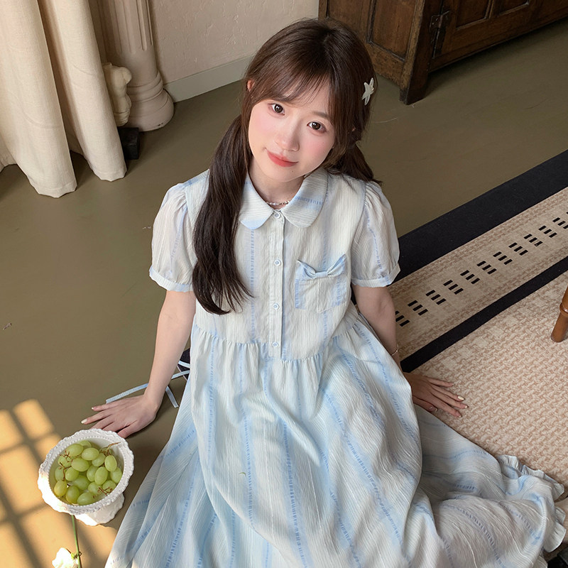 学院风法式娃娃领夏季条纹印染短袖连衣裙女夏甜美温柔显瘦长裙子