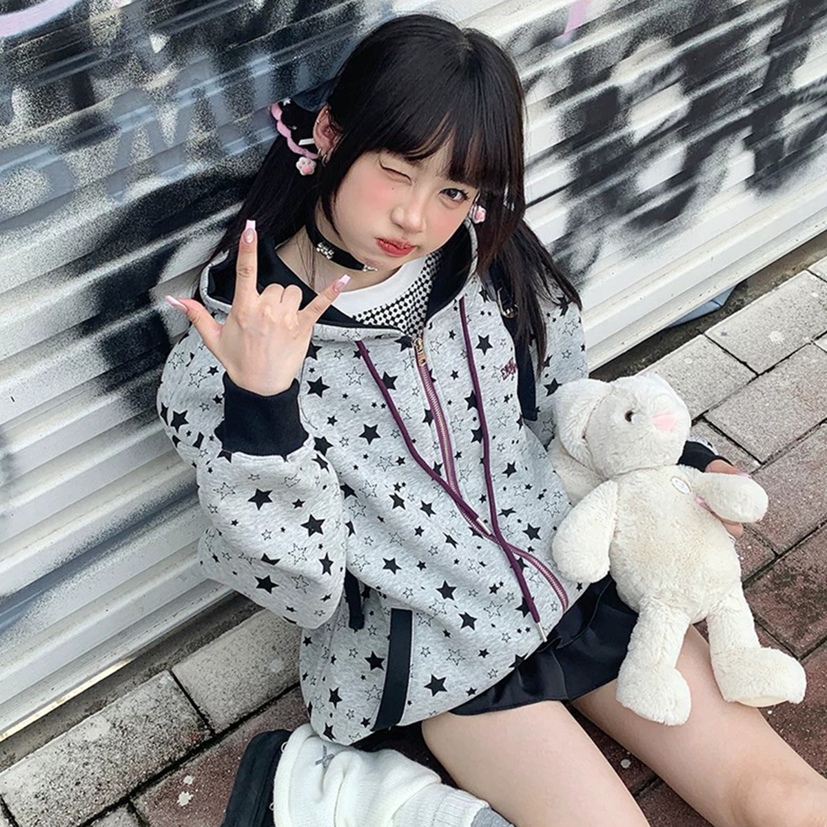 美式复古满印星星连帽卫衣女春秋季小众设计感拉链开衫休闲外套潮
