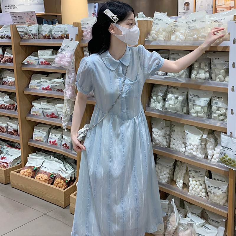 少女学院风法式娃娃领条纹印染短袖连衣裙女夏甜美温柔显瘦长裙子