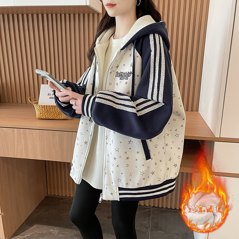 加绒加厚学院风拼色条纹星星棒球服外套秋冬新款学生百搭连帽棉衣