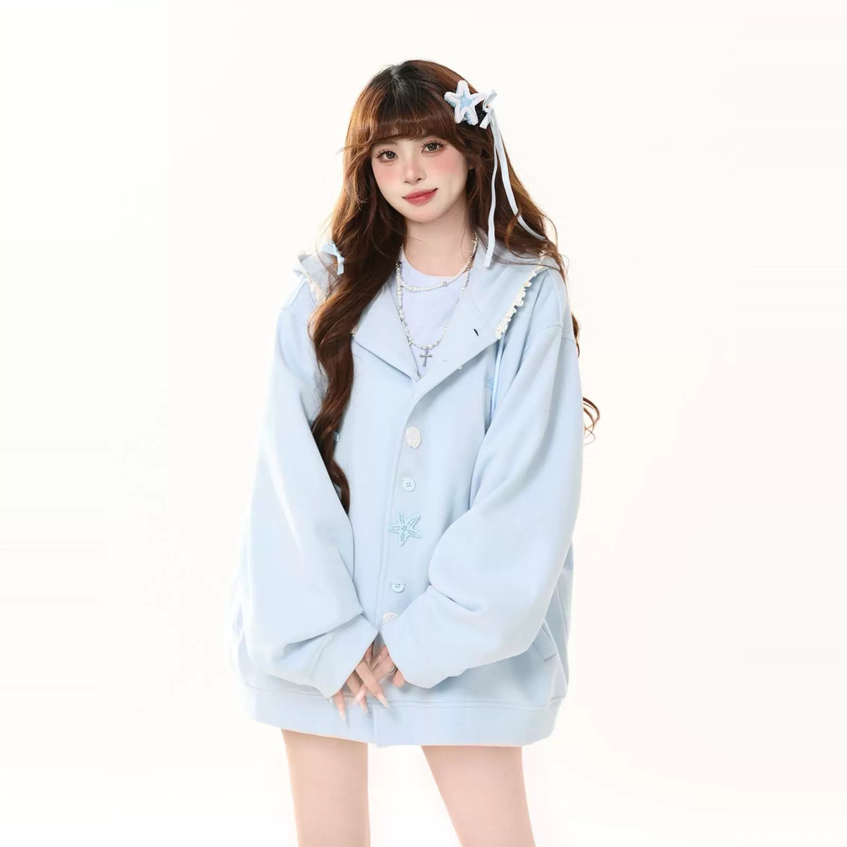 少女春秋奶蓝色海星扣连帽卫衣女2026新款设计感宽松洋气开衫外套