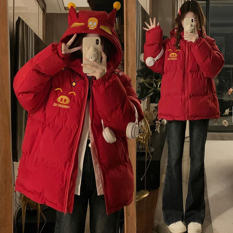 可爱红色棉袄少女冬装2026新款初中高中学生秋冬冬季保暖棉衣外套
