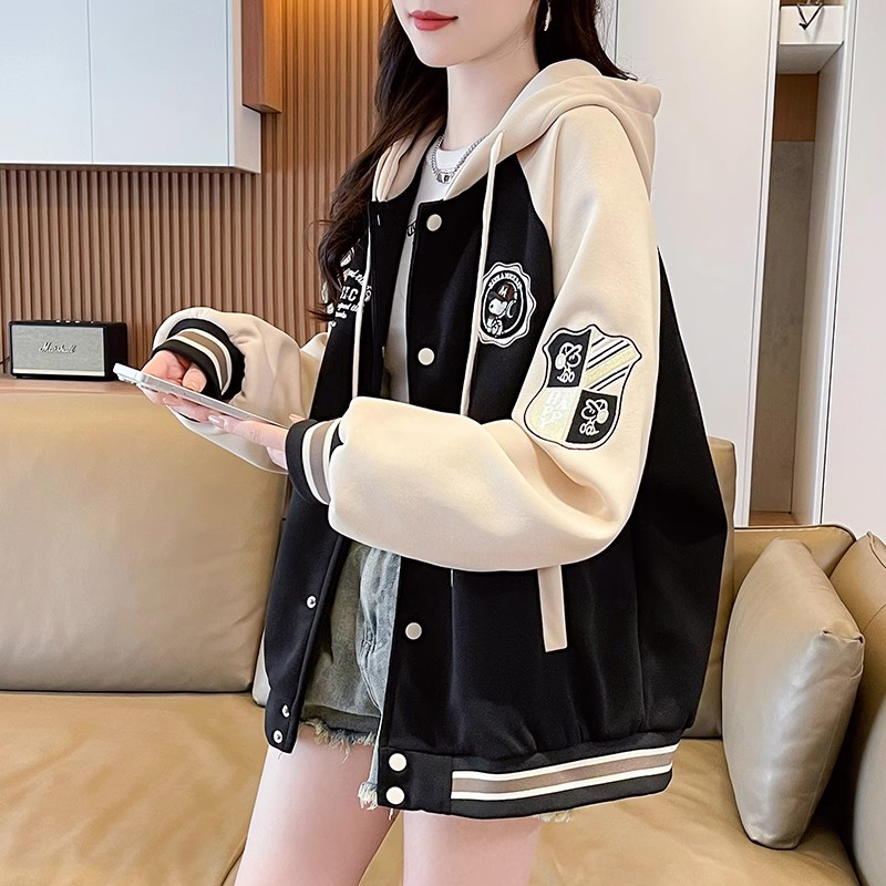 美式拼色棒球服女春秋季大童外套2026新款学生学院风卫衣少女上衣