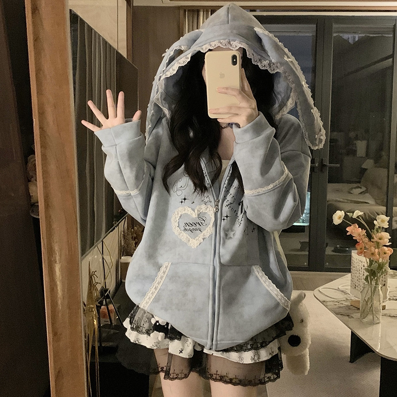 学院风蕾丝爱心蝴蝶结兔耳连帽卫衣女春秋季宽松显瘦开衫休闲外套