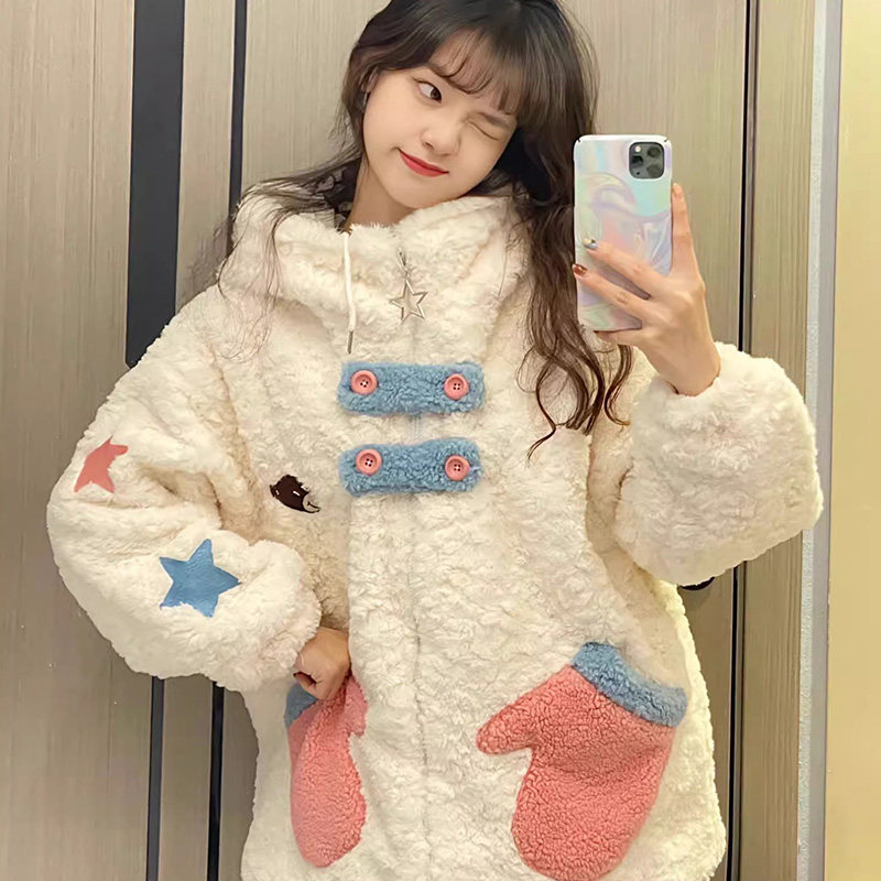 可爱少女加厚棉服女2026新款冬季宽松百搭双面穿加厚连帽外套潮