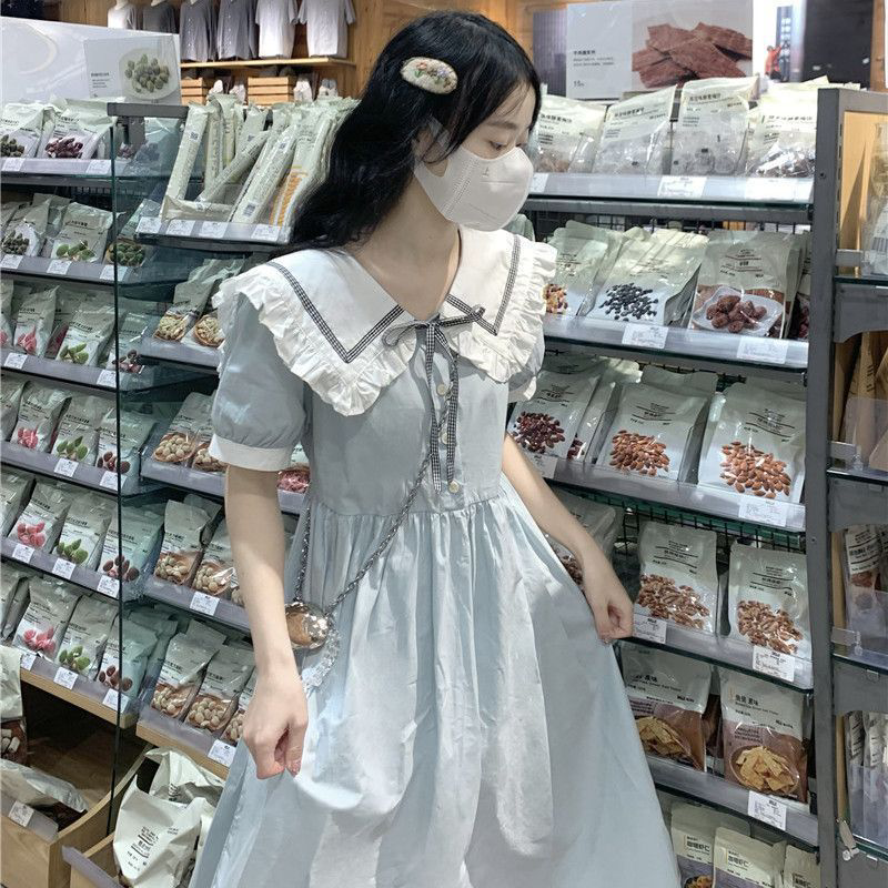 森系海军领连衣裙少女夏季新款初中高中学生学院风过膝小个子裙子