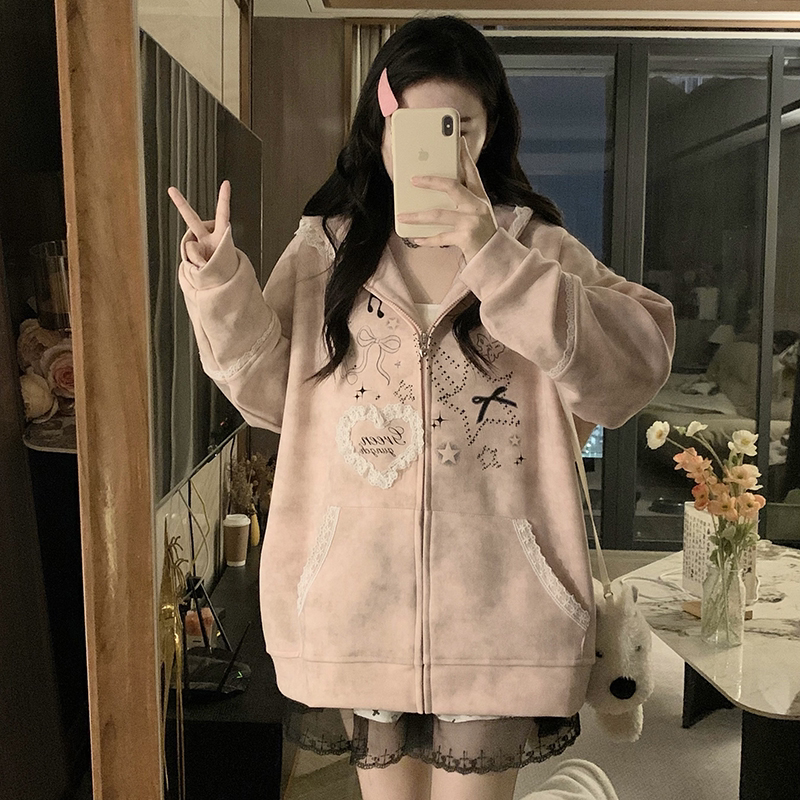 学院风蕾丝爱心蝴蝶结兔耳连帽卫衣女春秋季宽松显瘦开衫休闲外套