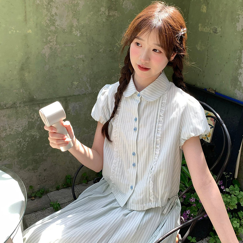 少女甜美夏季新款条纹短袖娃娃领衬衫中长款半身裙套装裙两件套
